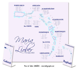 plan de table mariage Caraïbes carte îles tropicales antilles personnalisé