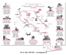 plan de table mariage Costa Rica carte géographique nature voyage personnalisé
