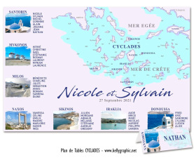 plan de table mariage Cyclades carte Grèce Santorin Mykonos personnalisé