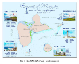plan de table mariage Guadeloupe carte archipel papillon Antilles personnalisée voyage tropical