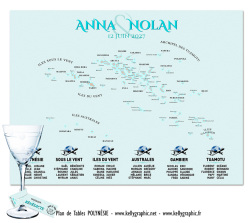 plan de table mariage Polynésie française carte lagons Bora Bora Tahiti personnalisé