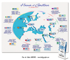 plan de table mariage planisphère drapeaux pays codes IATA aéroports monde personnalisé